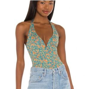 Free People Lola Pastel Blue Ditzy Floral Print Halter V Neck Bodysuit Size XS